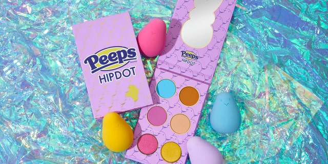 The limited-edition HipDot x Peeps collection includes a six-shade eyeshadow palette and a set of sponges in the shape and colors of Peeps’ marshmallow chicks.