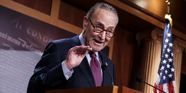 Senate Majority Leader Chuck Schumer, DN.Y., praises his Democratic caucus at a press conference just after the Senate narrowly approved a 1.9 relief bill Trillion dollars COVID-19, on Capitol Hill in Washington, Saturday, March 6, 2021 (AP Photo / J. Scott Applewhite)