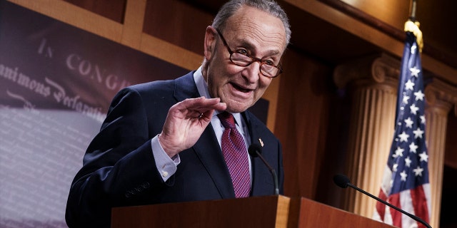 Senate Majority Leader Chuck Schumer, D-N.Y., praises his Democratic Caucus at a news conference. (AP Photo/J. Scott Applewhite)