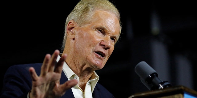 Senator Bill Nelson, D-Fla., speaks at a campaign event before being joined by Gubernatorial candidate Andrew Gillum and former President Barack Obama in Miami. Nov. 2, 2018. REUTERS/Joe Skipper