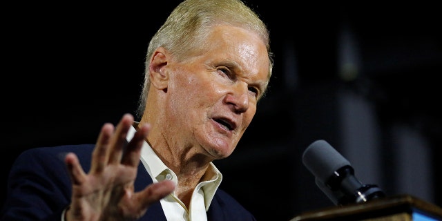 Senator Bill Nelson, D-Fla., speaks at a campaign event before being joined by Gubernatorial candidate Andrew Gillum and former President Barack Obama in Miami. Nov. 2, 2018. REUTERS/Joe Skipper