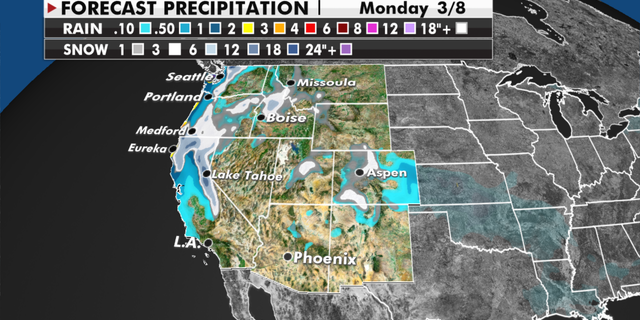 Expected precipitation totals for the West through Monday. (Fox News)