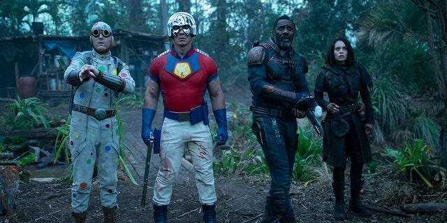 'The Suicide Squad' stars, from left: David Dastmalchian, John Cena, Idris Elba and Mikaela Hoover.