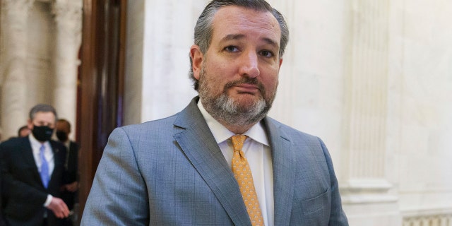 Sen.  Ted Cruz, R-Texas, and other members of the Republican Conference leave a luncheon on Capitol Hill in Washington March 24, 2021. 