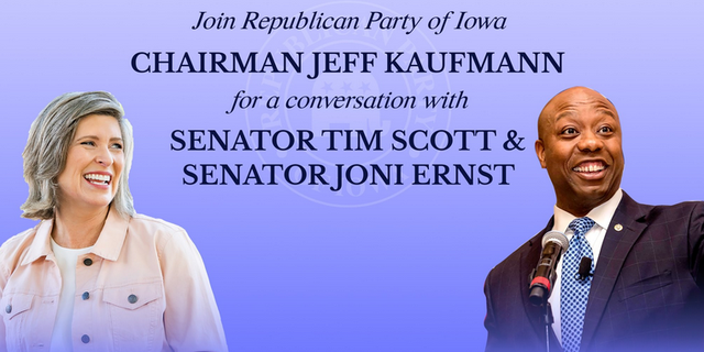 An invitation from the Republican Party of Iowa for an event with Sens. Tim Scott and Joni Ernst in Davenport, Iowa on April 15, 2021