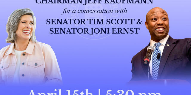 An invitation from the Republican Party of Iowa for an event with Sens. Tim Scott and Joni Ernst in Davenport, Iowa on April 15, 2021