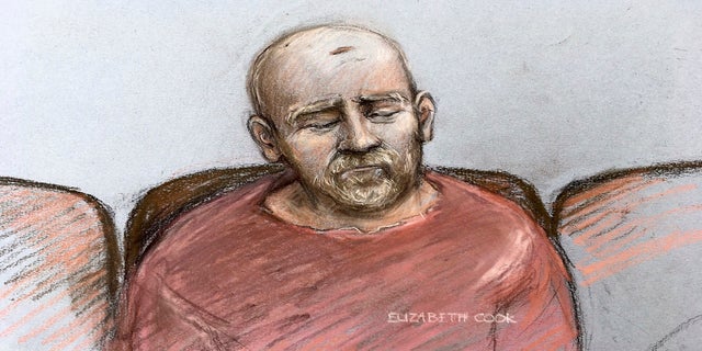 Wayne Couzens, in this sketch, makes his first appearance at the Old Bailey court by video link from Belmarsh top security jail in south London on Tuesday. (Elizabeth Cook/PA/AP)