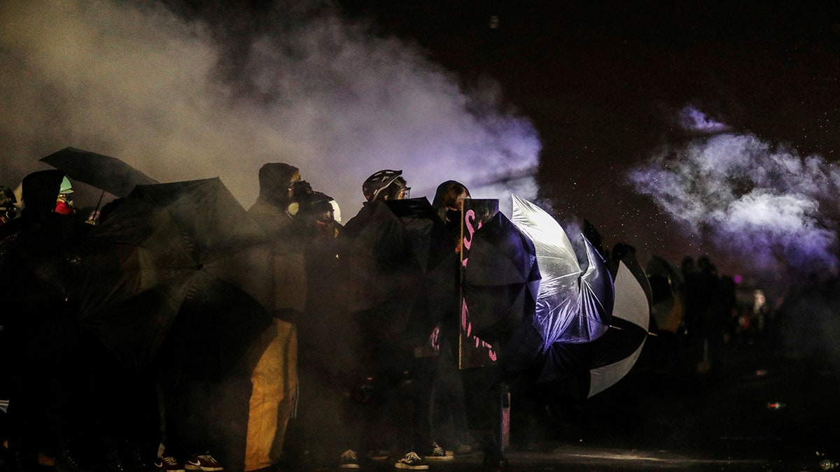 Protesters shield themselves with umbrellas amid smoke from chemical irritants outside the Brooklyn Center Police Department, days after Daunte Wright was shot and killed by a police officer, in Brooklyn Center, Minnesota, U.S. April 13, 2021. REUTERS/Leah Millis TPX IMAGES OF THE DAY