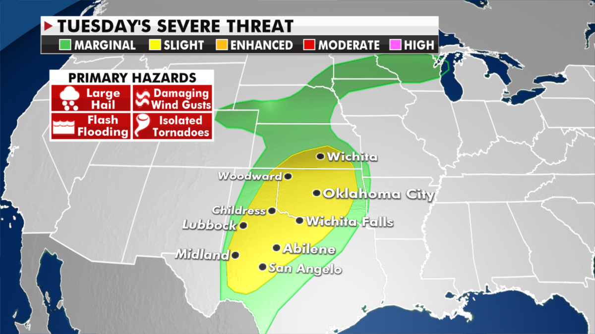 The risk of severe weather on Tuesday. (Fox News)