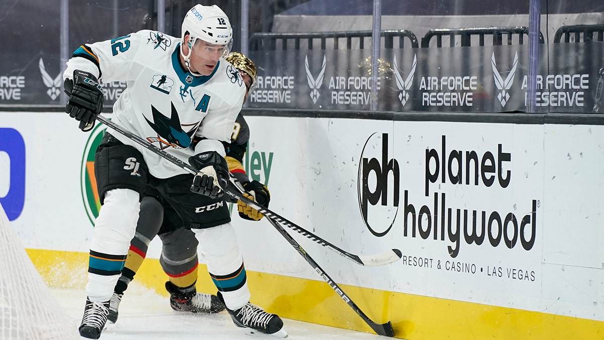 San Jose Sharks center Patrick Marleau (12) plays against the Vegas Golden Knights during the first period of an NHL hockey game Monday, April 19, 2021, in Las Vegas. (AP Photo/John Locher)