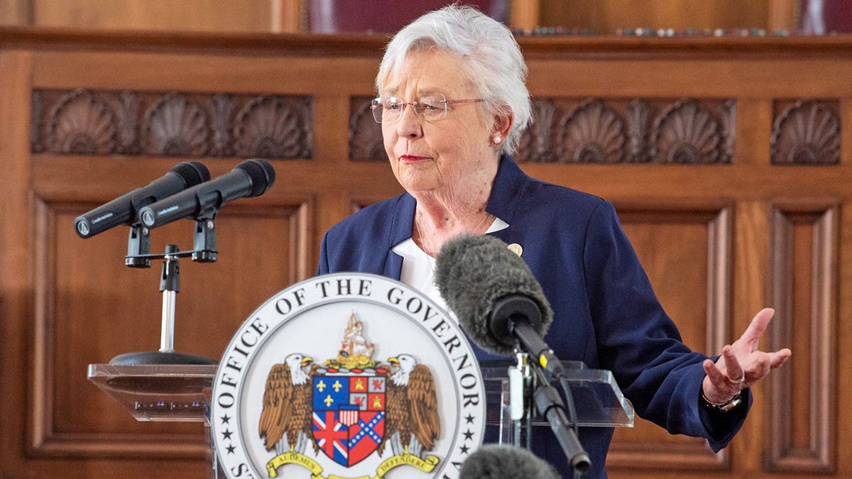 Gov. Kay Ivey takes questions from reporters during a press conference at the Alabama State Capitol Building in Montgomery, Ala., on Wednesday, April 7, 2021. Ivey said that Democrat-led states may be reducing incentives for vaccines by continuing to require masks. 