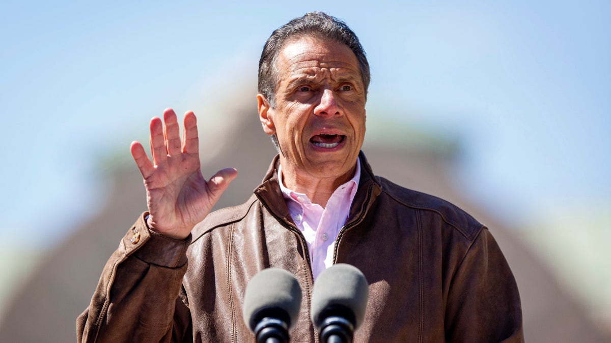 New York Gov. Andrew Cuomo speaks during a news conference, Monday, April 26, 2021 at the New York State Fair Grounds in Syracuse, N.Y. (N. Scott Trimble/Syracuse Post-Standard via AP)