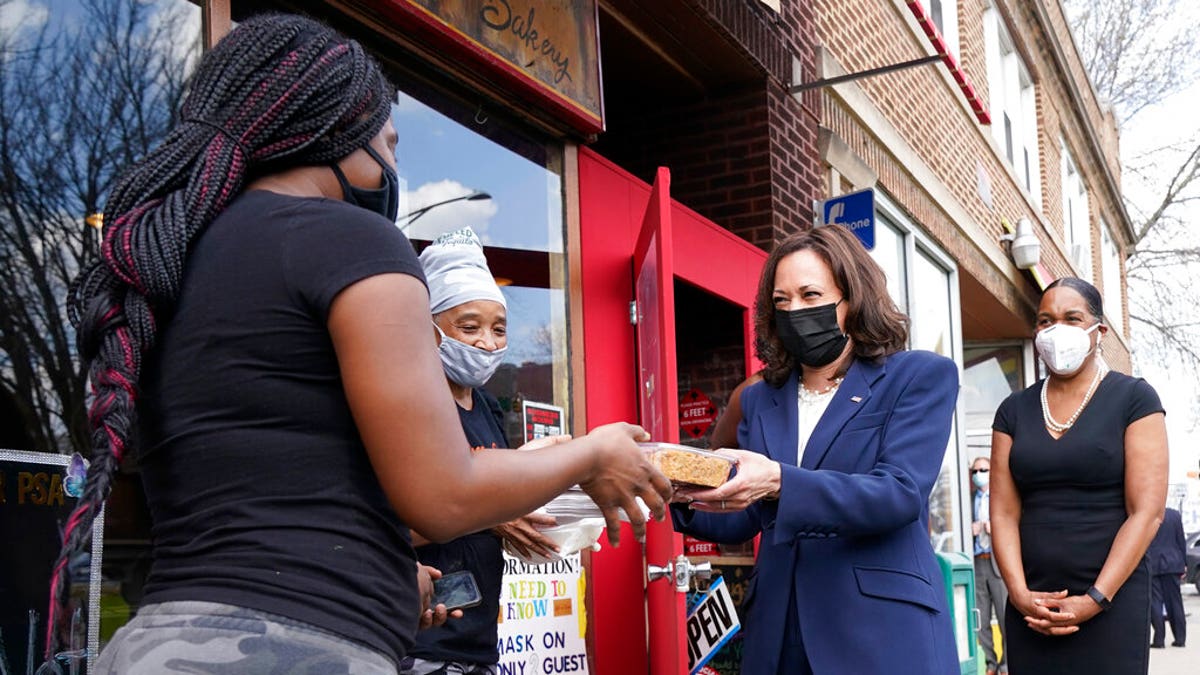 Vice President Kamala Harris visiting Brown Sugar Bakery in Chicago on April 6. At right is Illinois Lt. Gov. Juliana Stratton.