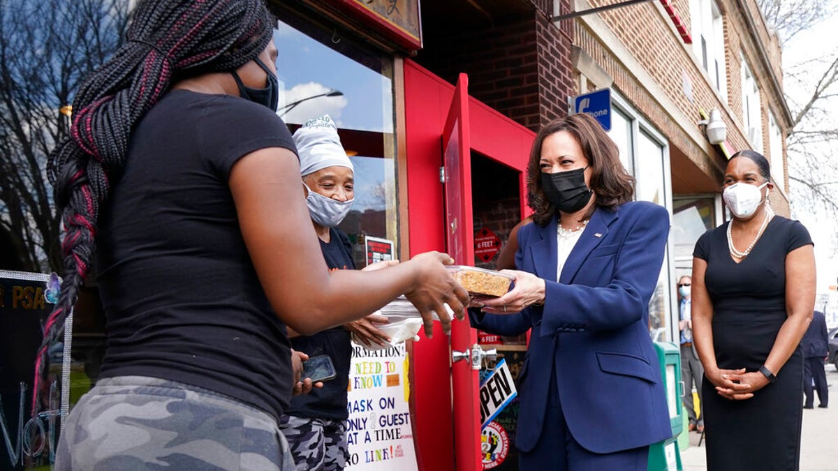 Vice President Kamala Harris visits Brown Sugar Bakery Tuesday, April 6, 2021 in Chicago. At right is Illinois Lt. Gov. Juliana Stratton.