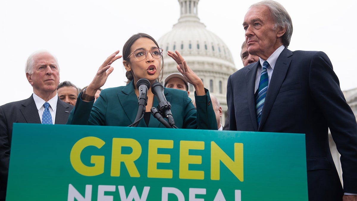 Rep. Alexandria Ocasio-Cortez, D-N.Y., and Sen. Ed Markey, D-Mass., during a press conference to announce Green New Deal legislation to promote clean energy programs outside the U.S. Capitol in Washington, D.C., Feb. 7, 2019. (SAUL LOEB/AFP via Getty Images)