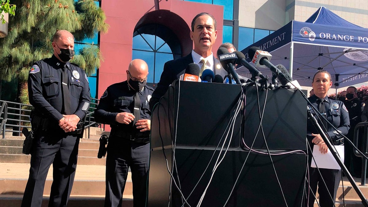 Orange County District Attorney Todd Spitzer talks during a Thursday news conference at the Orange Police Department headquarters in Orange, Calif. (AP Photo/Stefanie Dazio)