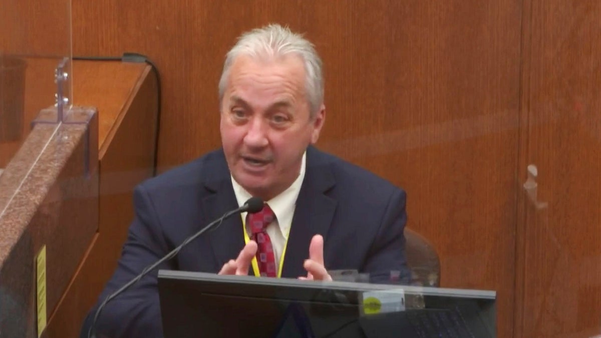 In this image from video, witness Lt. Richard Zimmerman of the Minneapolis Police Department, testifies as Hennepin County Judge Peter Cahill presides Friday, April 2, 2021, in the trial of former Minneapolis police Officer Derek Chauvin at the Hennepin County Courthouse in Minneapolis, Minn. (Court TV via AP, Pool)