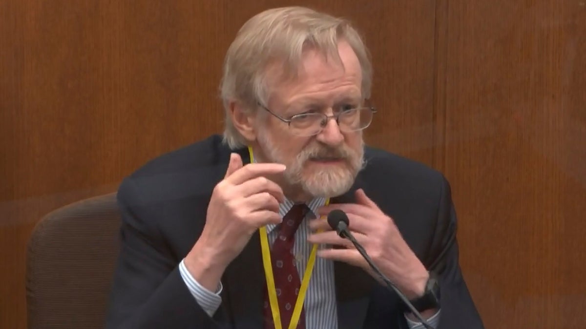 In this image from video, Dr. Martin Tobin testifies as Hennepin County Judge Peter Cahill presides Thursday, April 8, 2021, in the trial of former Minneapolis police Officer Derek Chauvin at the Hennepin County Courthouse in Minneapolis, Minn. Chauvin is charged in the May 25, 2020 death of George Floyd. (Court TV via AP, Pool)