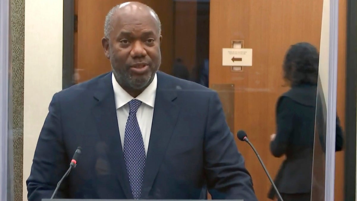 In this image from video, prosecutor Jerry Blackwell questions Dr. Lindsey Thomas, a forensic pathologist, now retired, as Hennepin County Judge Peter Cahill presides Friday, April 9, 2021, in the trial of former Minneapolis police Officer Derek Chauvin at the Hennepin County Courthouse in Minneapolis. (Court TV via AP, Pool)