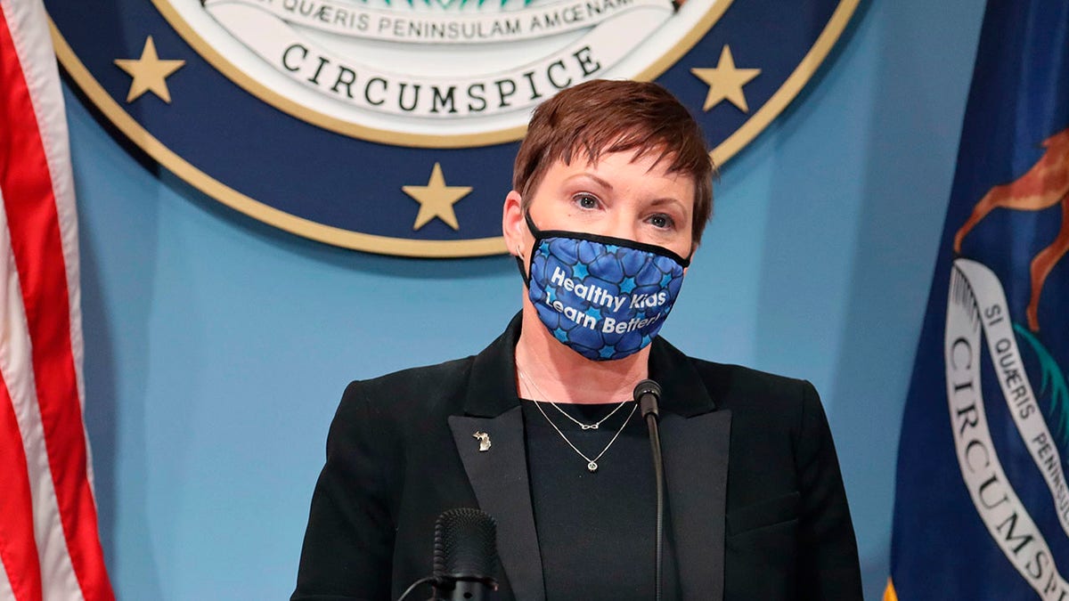 In this Feb. 4, 2021, file photo, provided by the Michigan Office of the Governor, Elizabeth Hertel, director of the state health department addresses the state, speaks in Lansing, Mich. (Michigan Office of the Governor via AP, File)
