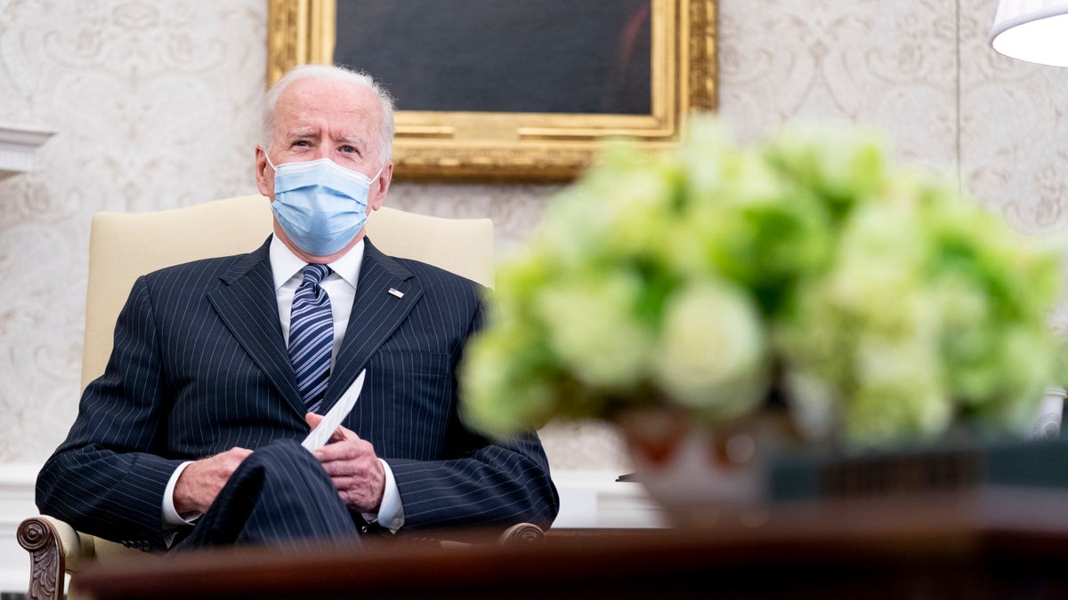 President Joe Biden meets with members of congress to discuss his jobs plan in the Oval Office of the White House in Washington, Monday, April 19, 2021. (AP Photo/Andrew Harnik)