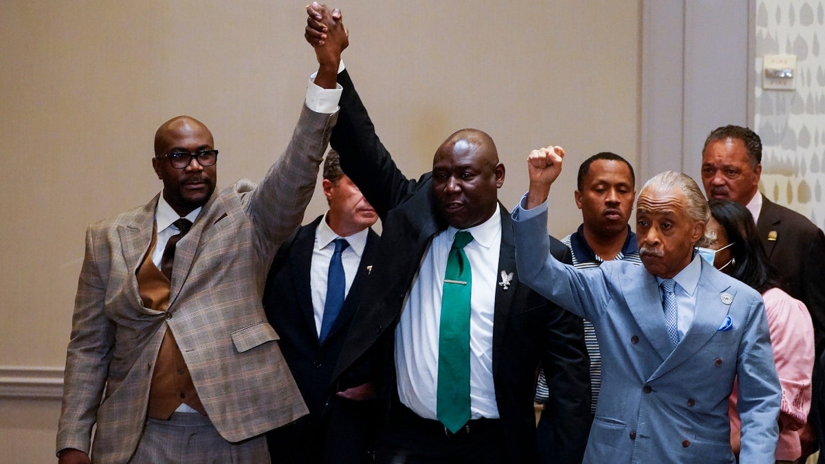 Philonise Floyd, Attorney Ben Crump and the Rev, Al Sharpton, from left, react after a guilty verdict was announced at the trial of former Minneapolis police Officer Derek Chauvin for the 2020 death of George Floyd, Tuesday, April 20, 2021. (AP Photo/Julio Cortez)
