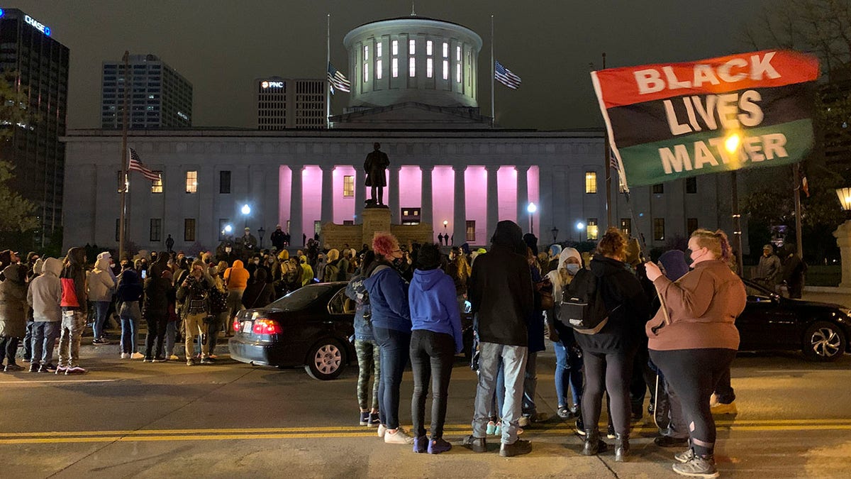A crowd gathers in front of the Ohio Statehouse during a protest Tuesday, April 20, 2021, in Columbus, Ohio. 