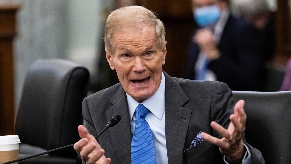 Former Sen. Bill Nelson, nominee to be administrator of NASA, testifies during a Senate Committee on Commerce, Science, and Transportation confirmation hearing, Wednesday, April 21, 2021 on Capitol Hill in Washington. (Graeme Jennings/Pool via AP)