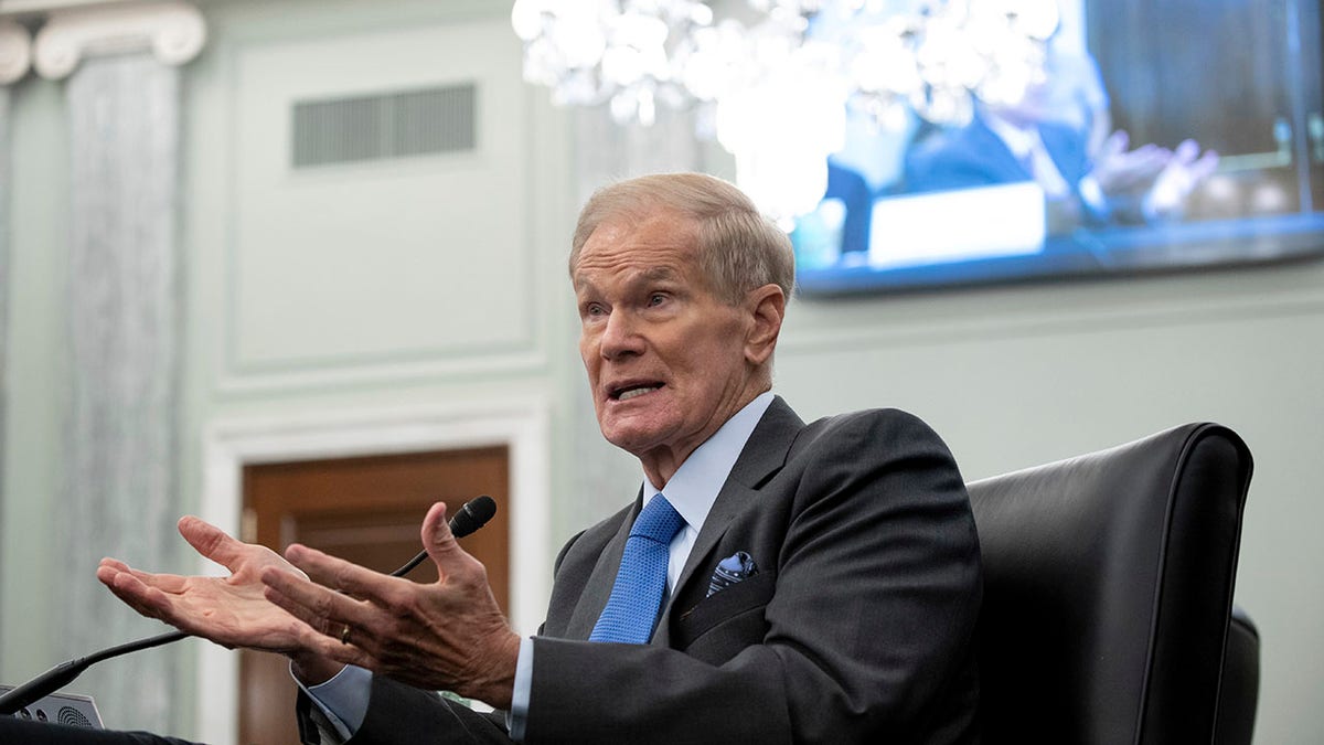 Former Sen. Bill Nelson, newly-appointed NASA administrator, speaks during a Senate Committee on Commerce, Science, and Transportation confirmation hearing, Wednesday, April 21, 2021 on Capitol Hill in Washington. (Saul Loeb/Pool via AP)