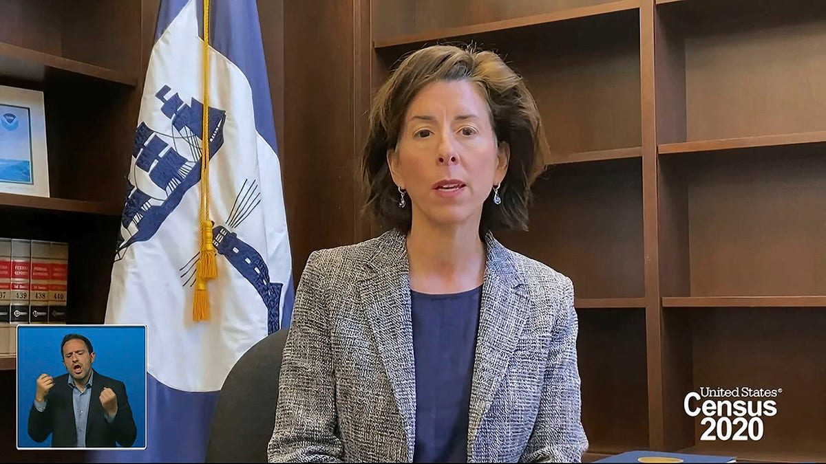 In this image from video provided by the U.S. Census Bureau, Commerce Secretary Gina Raimondo speaks during a virtual news conference Monday, April 26. The Census Bureau is releasing the first data from its 2020 headcount. (U.S. Census Bureau via AP)