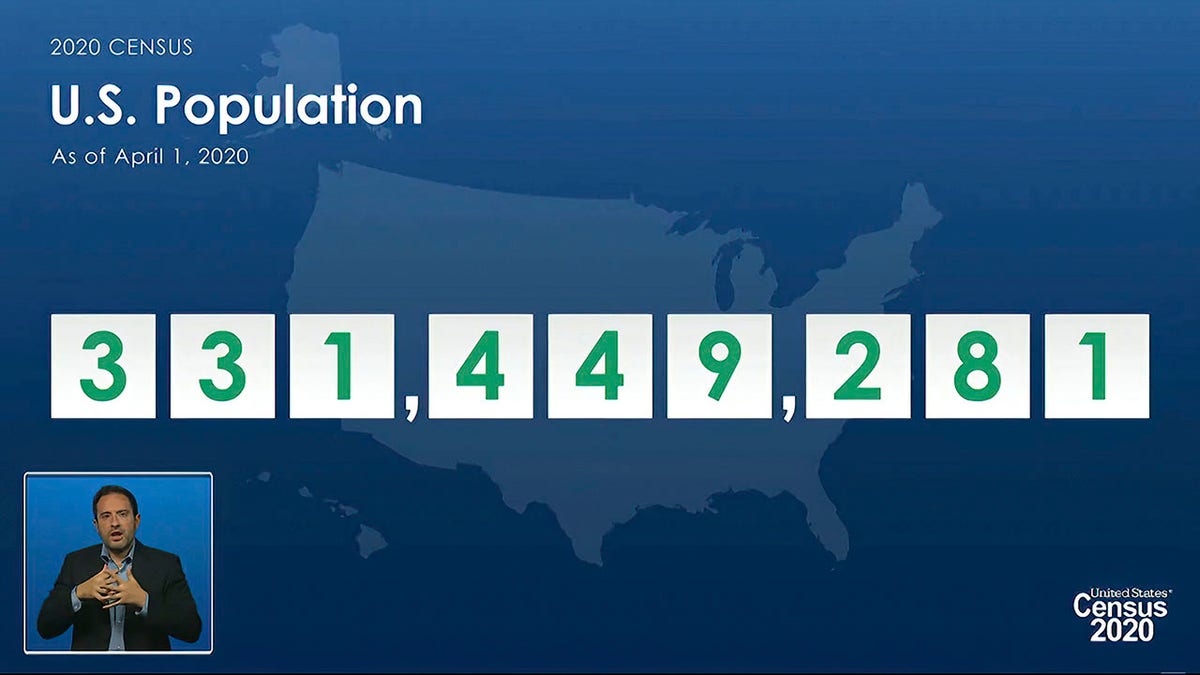 Acting director of the U.S. Census Bureau Ron Jarmin speaking as a graphic showing the U.S. population as of April 1, 2020, was displayed during a virtual news conference April 26, 2021. (U.S. Census Bureau via AP)