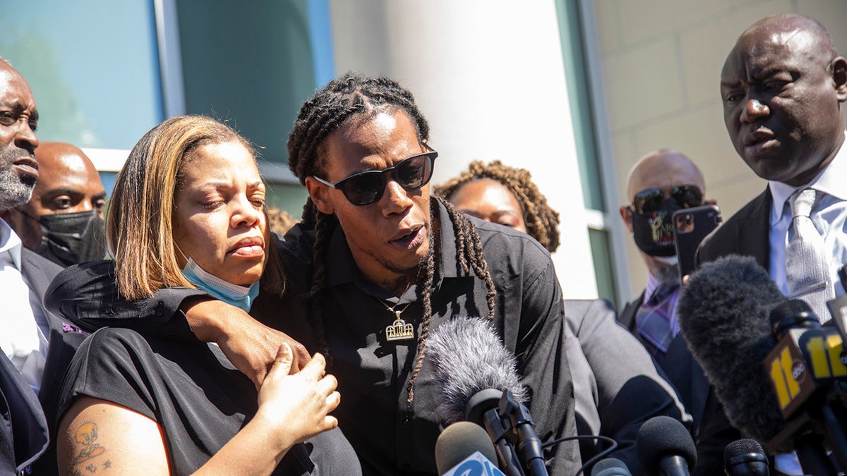 Andrew Brown Jr.'s son Khalil Ferebee, speaks outside the Pasquotank County Public Safety building in Elizabeth City, N.C. on Monday April 26, 2021. (Travis Long/The News & Observer via AP)