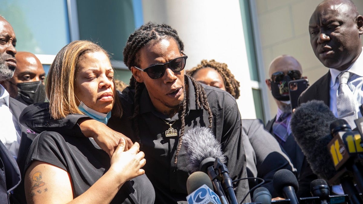 Andrew Brown Jr.'s son Khalil Ferebee, speaks outside the Pasquotank County Public Safety building in Elizabeth City, N.C. on Monday after viewing 20 seconds of police body camera video. (Travis Long/The News & Observer via AP)