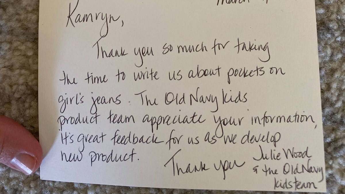 Old Navy eventually responded to Gardner with a handwritten note and four pairs of girls’ jeans with pockets.