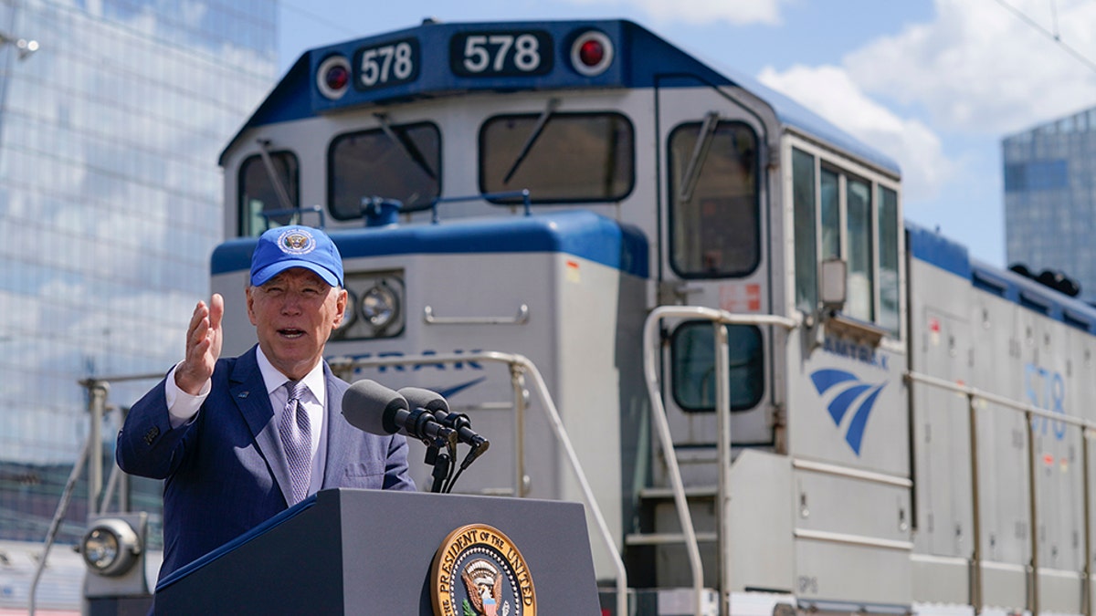 President Biden speaks during an event to mark Amtrak's 50th anniversary at 30th Street Station in Philadelphia on April 30, 2021. (AP Photo/Patrick Semansky)