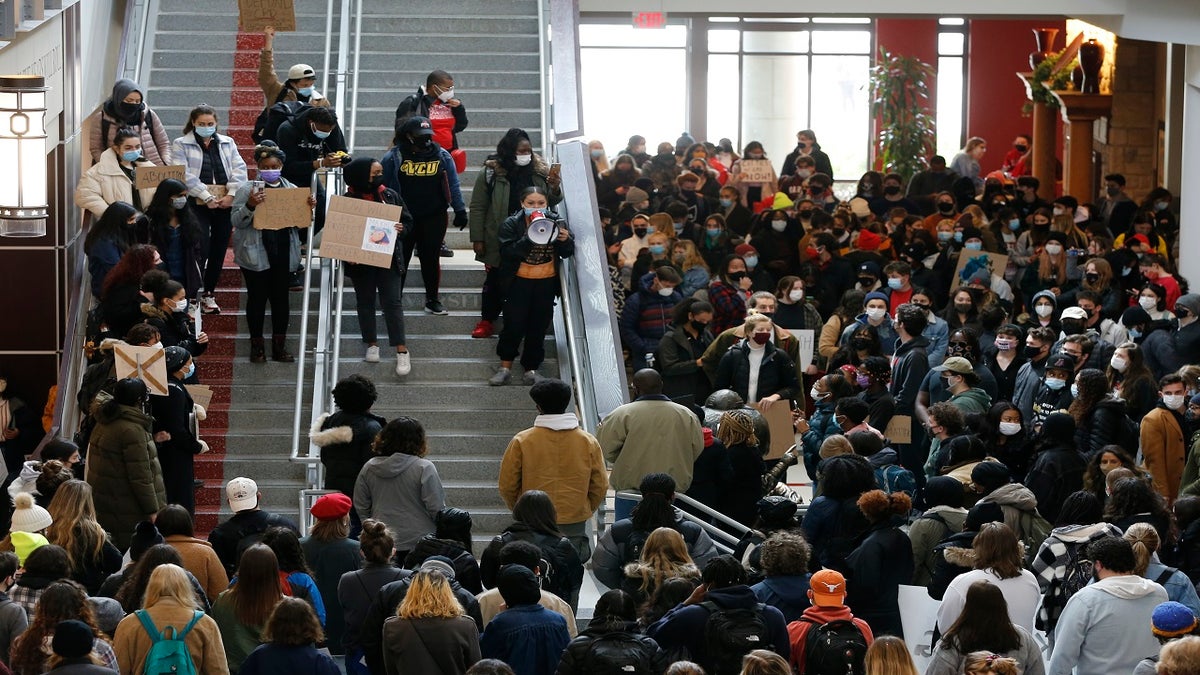 Students gather at the Ohio Union on the campus of Ohio State University to protest the shooting of Ma'Khia Bryant. (AP)