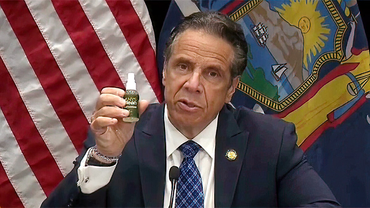 Gov. Cuomo touting New York State hand sanitizer at his new conference.