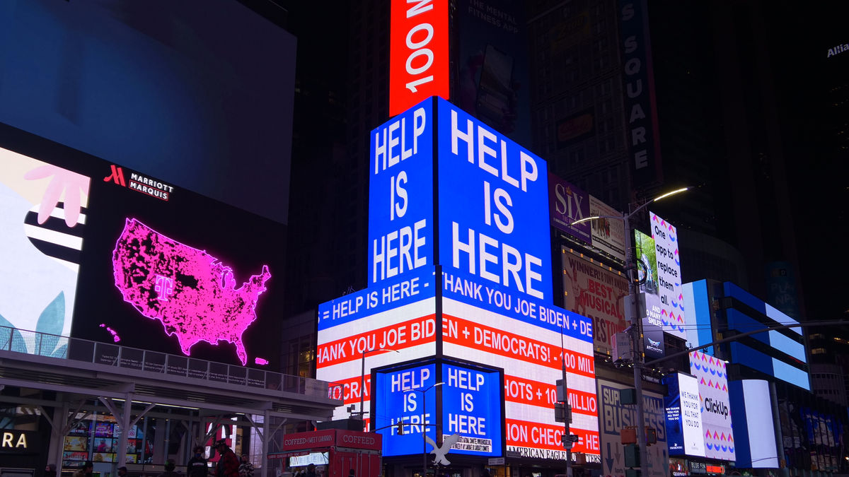 DNC billboard in New York City's Times Square thanking President Biden for the coronavirus relief law in March 2021. (Democratic National Committee)