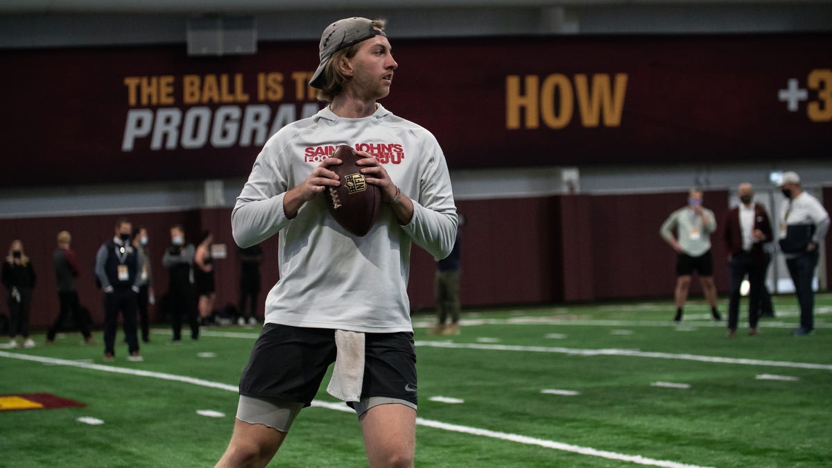 Former SJU quarterback Jackson Erdmann throws at Minnesota's Pro Day on Thursday, April 1, 2020.