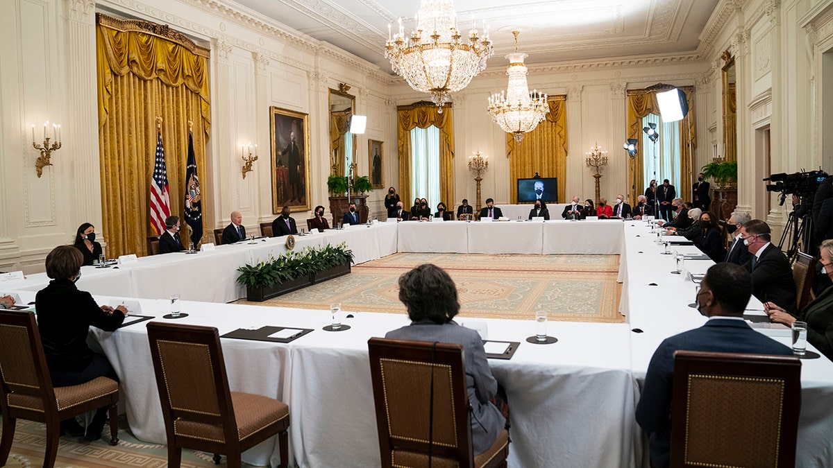 President Joe Biden speaks during a Cabinet meeting in the East Room of the White House, Thursday, April 1, 2021, in Washington. (AP Photo/Evan Vucci)