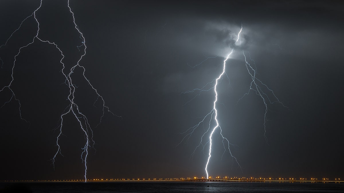 Photo of lightning over Howard Frankland Bridge in Tampa Florida.