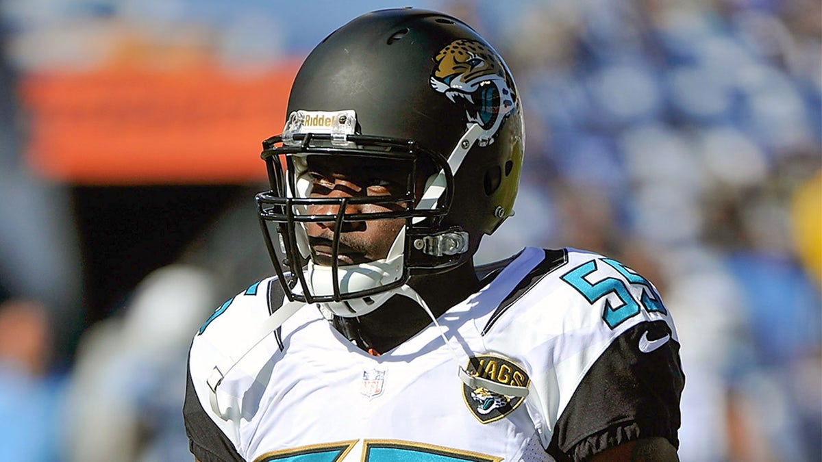 Geno Hayes #55 of the Jacksonville Jaguars warms up prior to a game against the Tennessee Titans at LP Field on November 10, 2013, in Nashville, Tennessee. (Photo by Frederick Breedon/Getty Images)