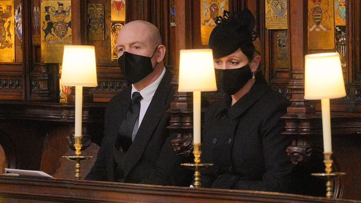 Mike and Zara Tindall attend the funeral of Prince Philip, Duke of Edinburgh, at St George's Chapel at Windsor Castle on April 17, 2021, in Windsor, England. 