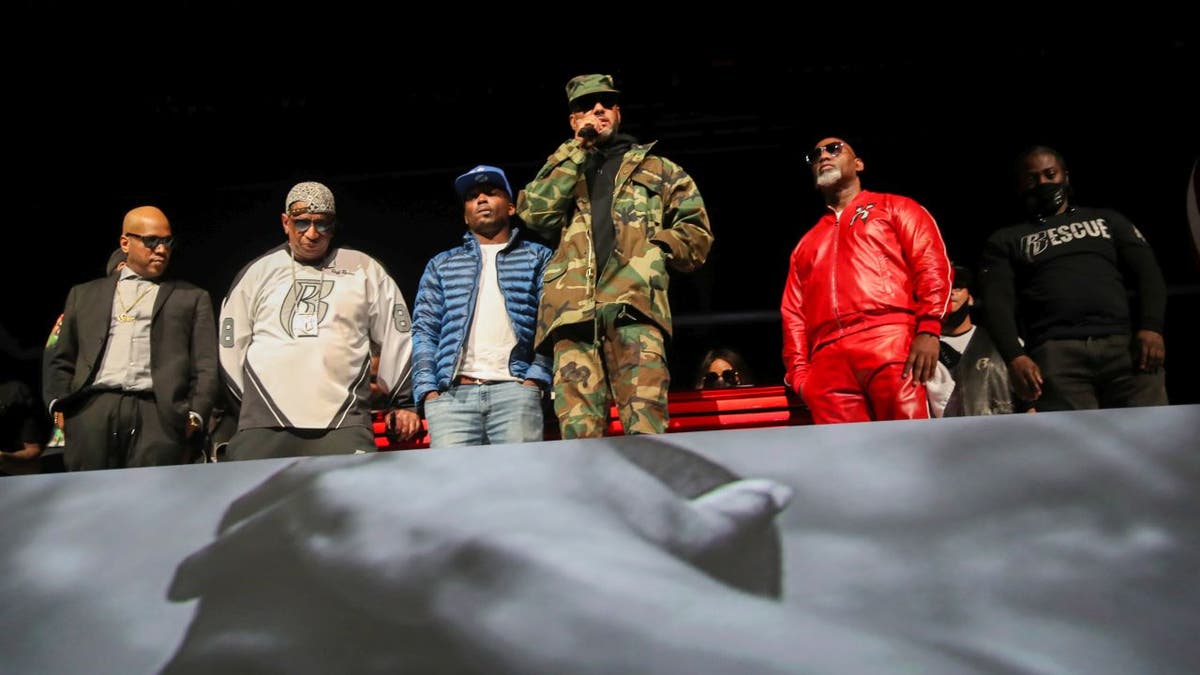 Styles P, Darrin "Dee" Dean, Drag-On, Swizz Beatz and Joaquin "Waah" Dean took turns speaking at DMX's memorial service on April 24, 2021. The service was held at the Barclays Center in Brooklyn. (Johnny Nunez/Getty Images,)