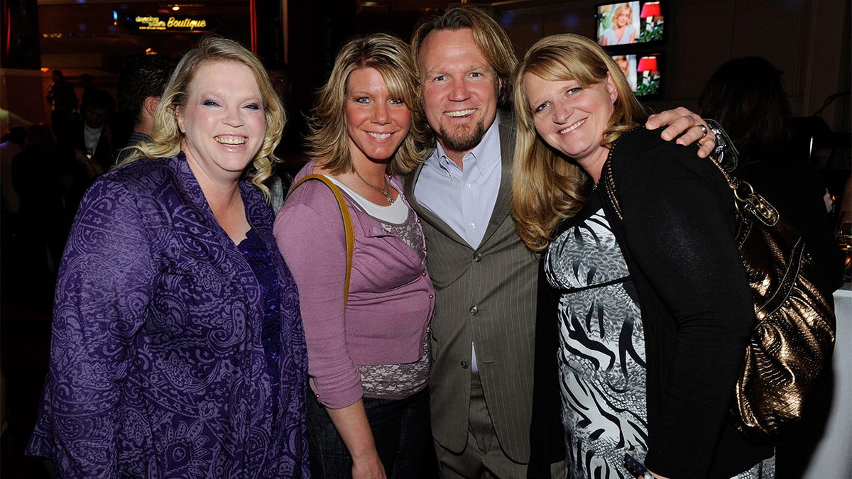 (L-R) Janelle Brown, Meri Brown, Kody Brown and Christine Brown from ‘Sister Wives’ attend a pre-show reception for the grand opening of ‘Dancing With the Stars: Live’ in Las Vegas. Kody and his four wives share a combined 18 children.