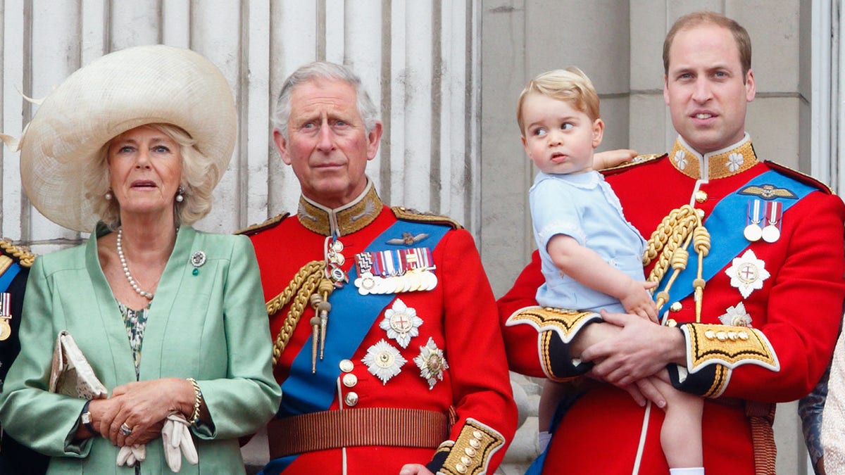 Camilla, Duchess of Cornwall, Prince Charles, Prince of Wales, Prince William, Duke of Cambridge and Prince George of Cambridge.