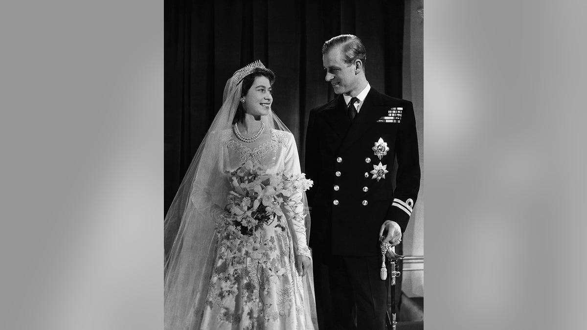 Princess Elizabeth, later Queen Elizabeth II with her husband Phillip, Duke of Edinburgh, on their wedding day, 20th November 1947.