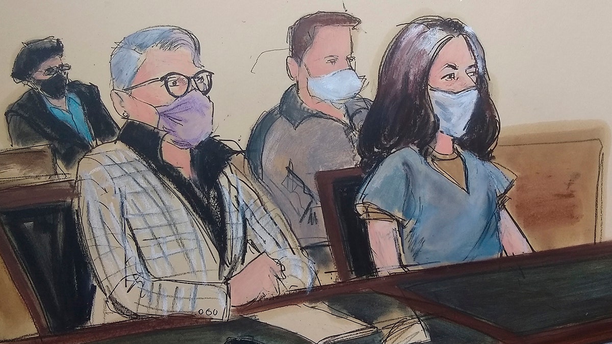 In this courtroom sketch, Ghislaine Maxwell, far right, appears in Manhattan Federal court seated next to her attorney Bobbi C. Sternheim, second from left, along with her sister Isabel Maxwell, far left, during her arraignment on a superseding indictment, Friday, April 23, 2021, in New York. (AP Photo/Elizabeth Williams)