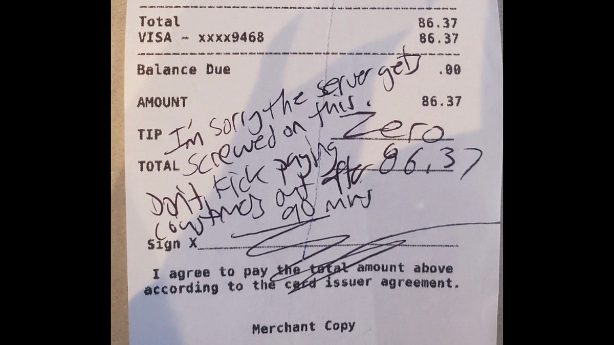 A customer at Glenbrook Brewery in Morristown, N.J. left this note and refused to tip because the restaurant has a 90-minute time limit on indoor dining because of state COVID-19 regulations.