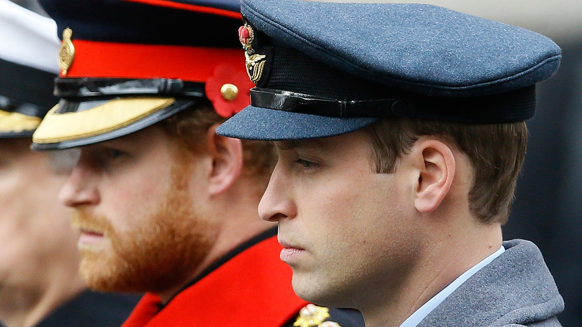 Britain's Prince William, right, and Prince Harry attend the Remembrance Sunday ceremony at the Cenotaph in London. Senior royals must wear civilian clothes to Prince Philip’s funeral, defusing potential tensions over who would be allowed to don military uniforms. Queen Elizabeth II's decision means Prince Harry won’t risk being the only member of the royal family not in uniform during the funeral on Saturday April 17, 2021 for his grandfather, who died last week at the age of 99.